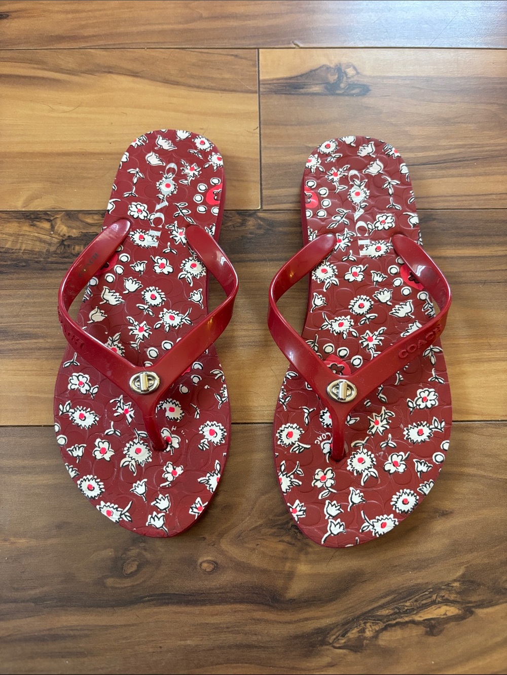 COACH Red Floral Logo Flip Flop Sandal